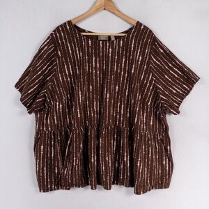 Naturals d&co Peplum Top Womens 3X Brown Pink Linen Blend Short Sleeve Boho